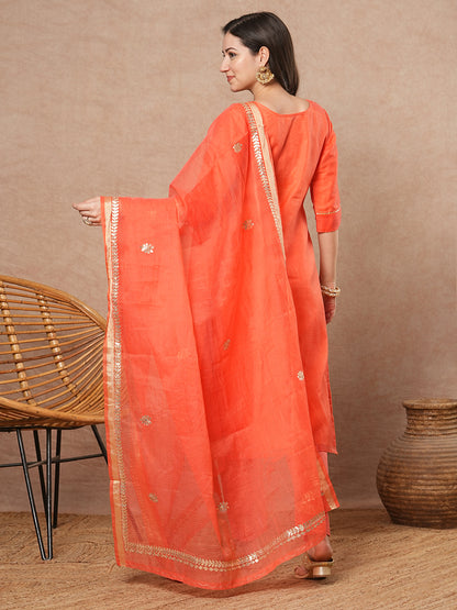 Solid Gota Patti Embroidered Straight Fit Kurta with Pant & Dupatta - Peach