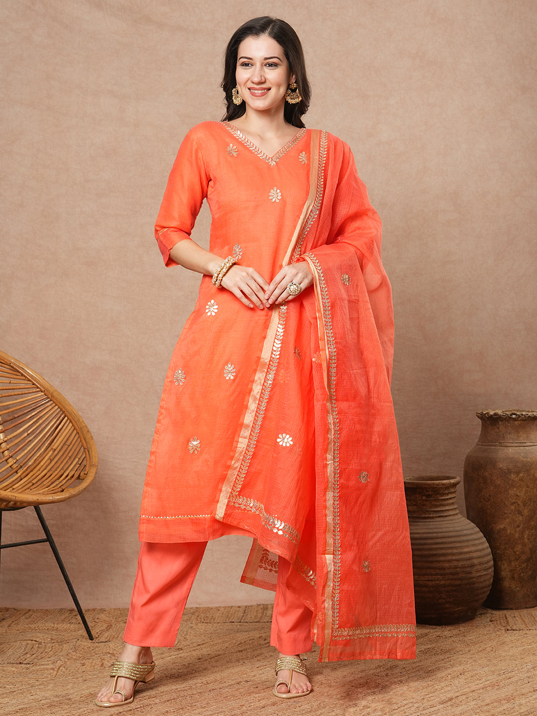 Solid Gota Patti Embroidered Straight Fit Kurta with Pant & Dupatta - Peach