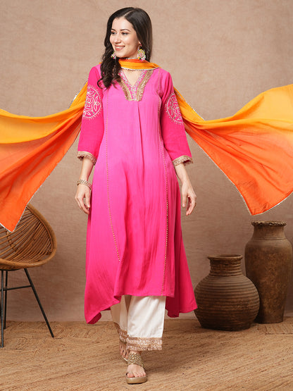 Solid Ombre Dyed Embroidered A-Line Paneled Kurta with Palazzo and Dupatta - Pink