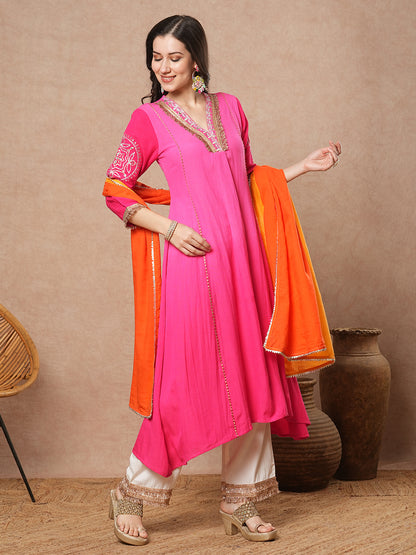 Solid Ombre Dyed Embroidered A-Line Paneled Kurta with Palazzo and Dupatta - Pink