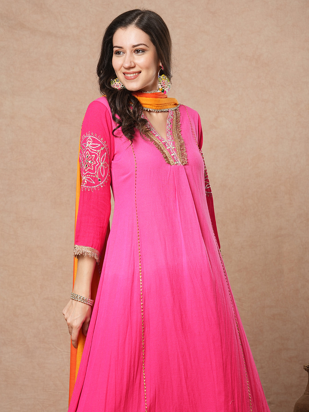 Solid Ombre Dyed Embroidered A-Line Paneled Kurta with Palazzo and Dupatta - Pink