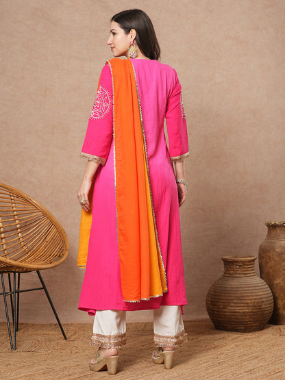 Solid Ombre Dyed Embroidered A-Line Paneled Kurta with Palazzo and Dupatta - Pink