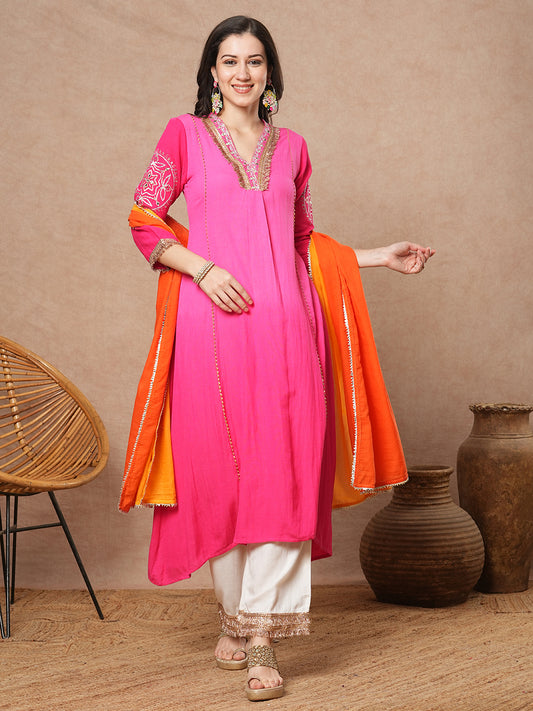 Solid Ombre Dyed Embroidered A-Line Paneled Kurta with Palazzo and Dupatta - Pink