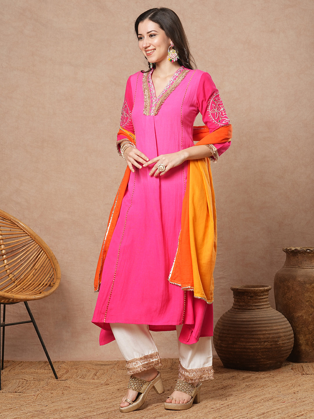 Solid Ombre Dyed Embroidered A-Line Paneled Kurta with Palazzo and Dupatta - Pink