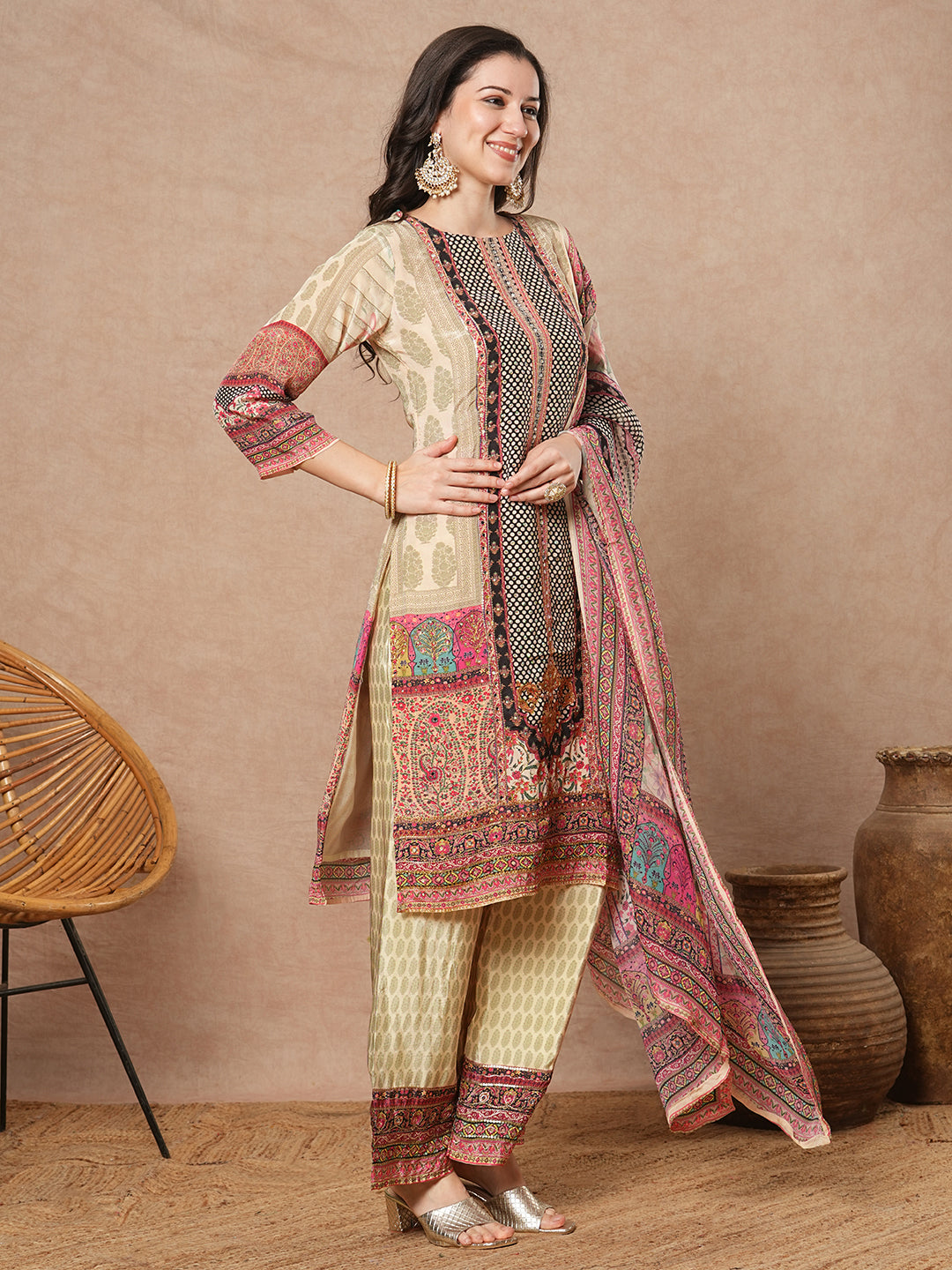 Ethnic Printed & Embroidered Straight Kurta with Palazzo & Dupatta - Cream