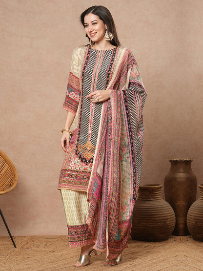 Ethnic Printed & Embroidered Straight Kurta with Palazzo & Dupatta - Cream