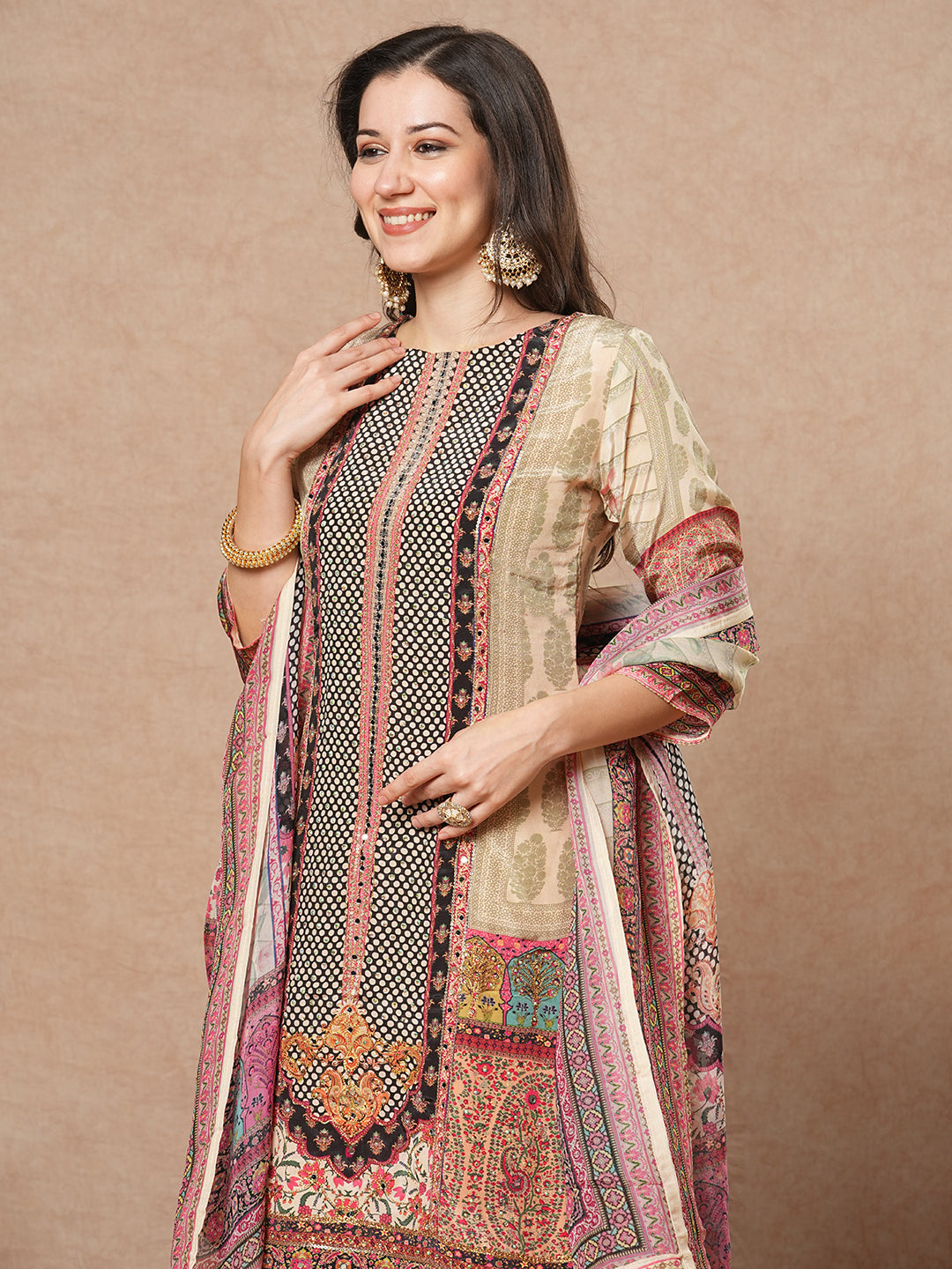 Ethnic Printed & Embroidered Straight Kurta with Palazzo & Dupatta - Cream