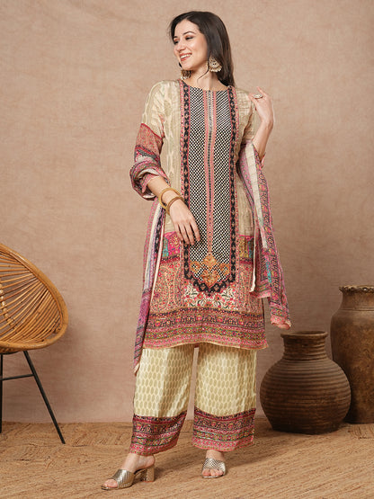 Ethnic Printed & Embroidered Straight Kurta with Palazzo & Dupatta - Cream