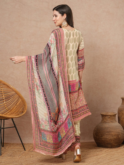 Ethnic Printed & Embroidered Straight Kurta with Palazzo & Dupatta - Cream