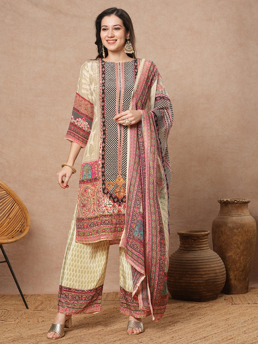 Ethnic Printed & Embroidered Straight Kurta with Palazzo & Dupatta - Cream