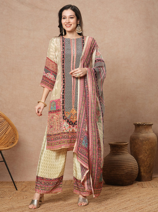 Ethnic Printed & Embroidered Straight Kurta with Palazzo & Dupatta - Cream