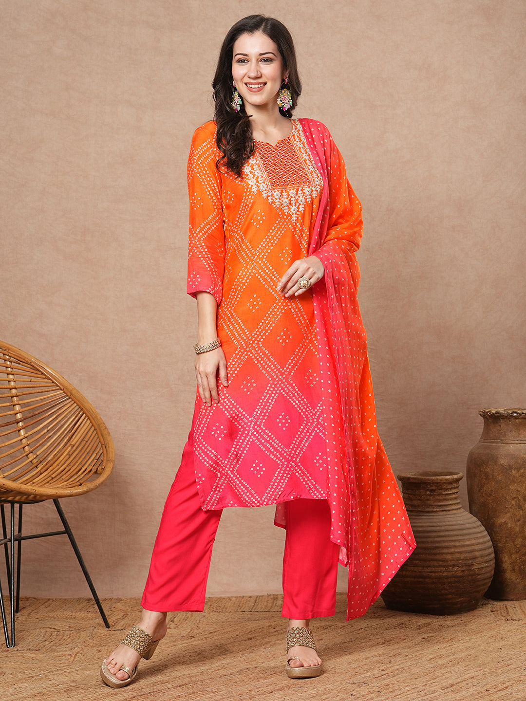 Bandhani Printed & Embroidered Straight Fit Kurta with Pant & Dupatta - Multi