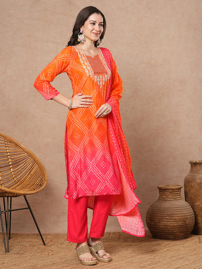 Bandhani Printed & Embroidered Straight Fit Kurta with Pant & Dupatta - Multi