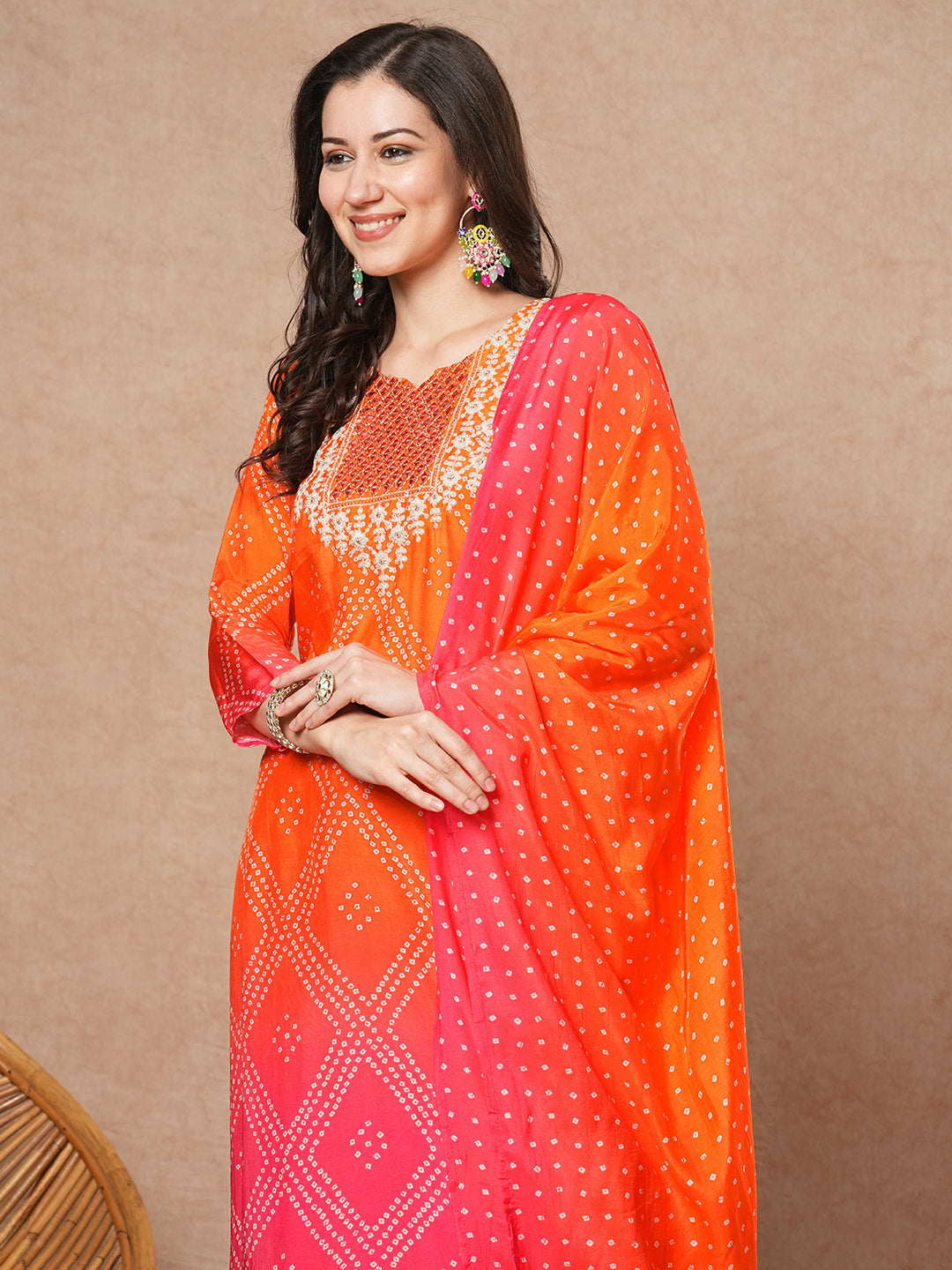 Bandhani Printed & Embroidered Straight Fit Kurta with Pant & Dupatta - Multi