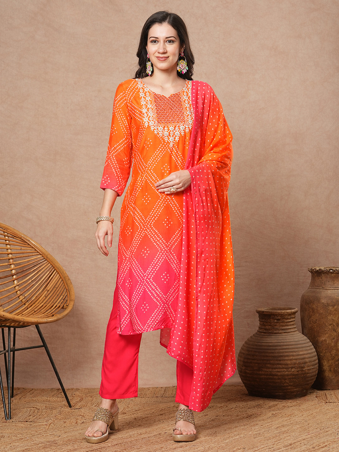 Bandhani Printed & Embroidered Straight Fit Kurta with Pant & Dupatta - Multi