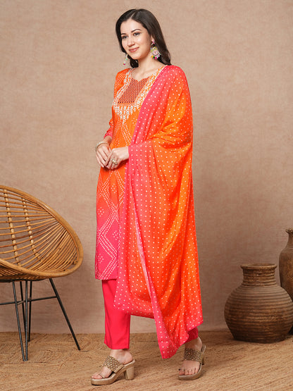 Bandhani Printed & Embroidered Straight Fit Kurta with Pant & Dupatta - Multi