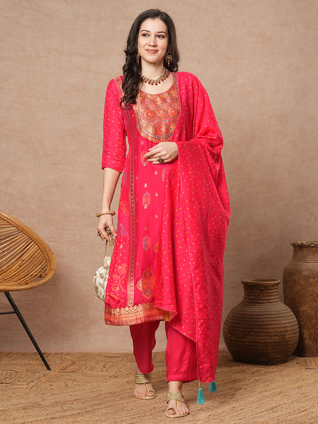 Ethnic Floral Embroidered Straight Fit Kurta with Pant & Dupatta - Pink