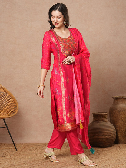 Ethnic Floral Embroidered Straight Fit Kurta with Pant & Dupatta - Pink