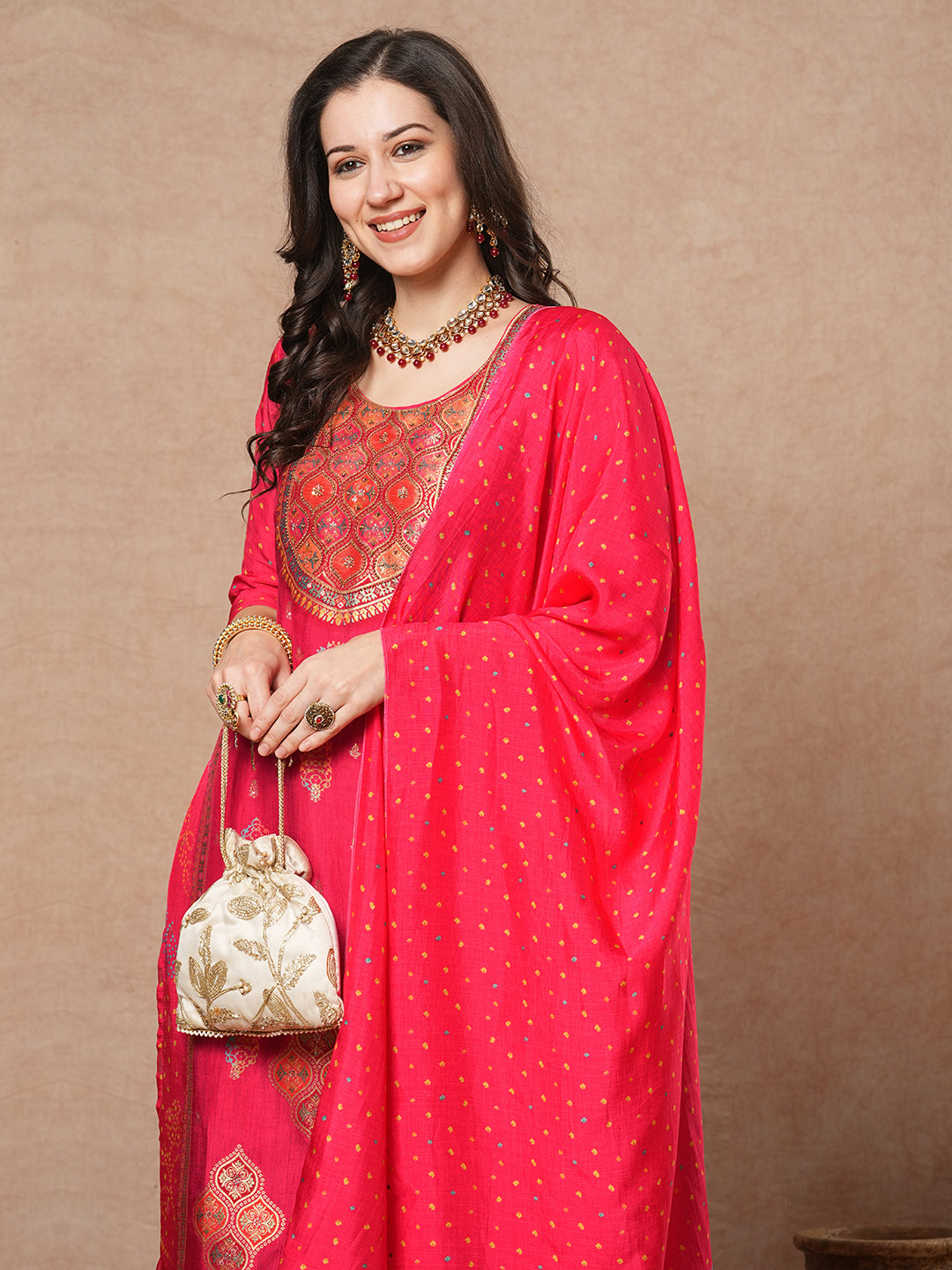 Ethnic Floral Embroidered Straight Fit Kurta with Pant & Dupatta - Pink