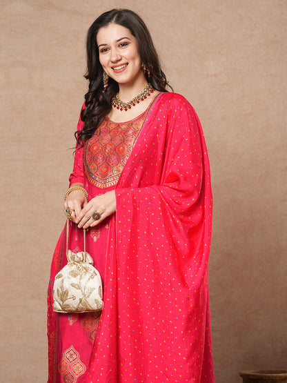 Ethnic Floral Embroidered Straight Fit Kurta with Pant & Dupatta - Pink