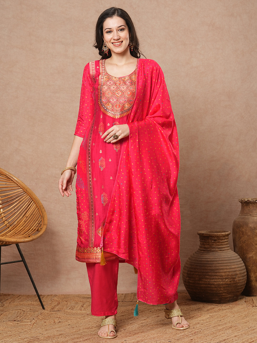 Ethnic Floral Embroidered Straight Fit Kurta with Pant & Dupatta - Pink