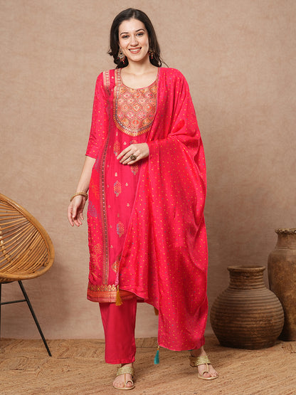 Ethnic Floral Embroidered Straight Fit Kurta with Pant & Dupatta - Pink