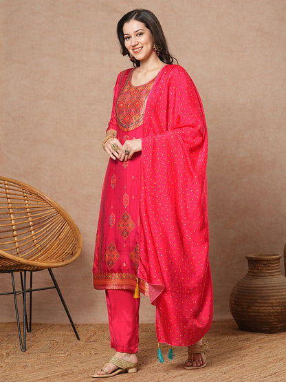 Ethnic Floral Embroidered Straight Fit Kurta with Pant & Dupatta - Pink