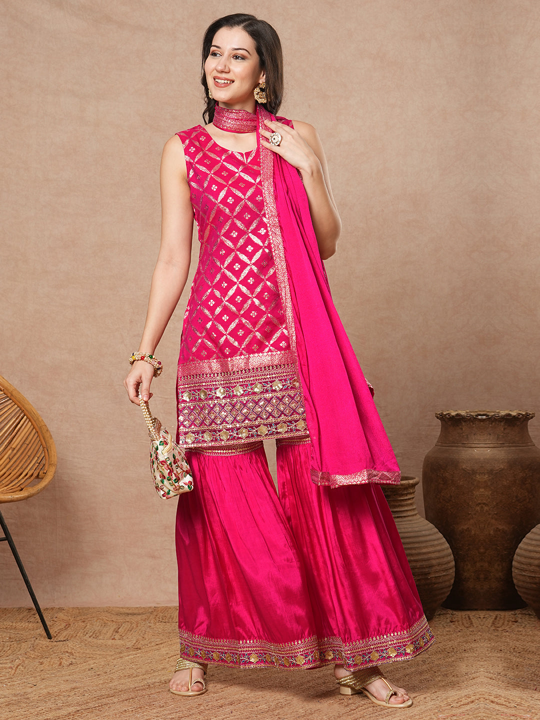 Ethnic Jacquard Embroidered Solid Straight Fit Kurta with Sharara and Dupatta - Pink