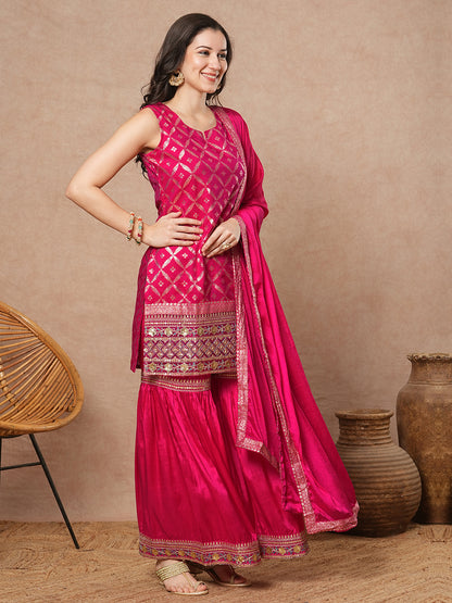 Ethnic Jacquard Embroidered Solid Straight Fit Kurta with Sharara and Dupatta - Pink