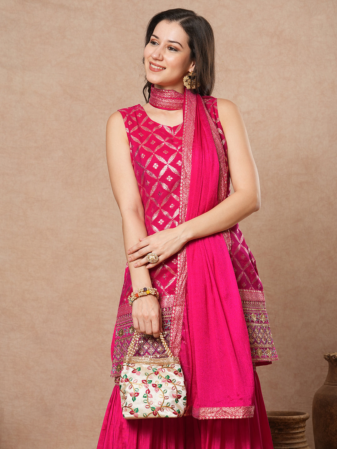 Ethnic Jacquard Embroidered Solid Straight Fit Kurta with Sharara and Dupatta - Pink