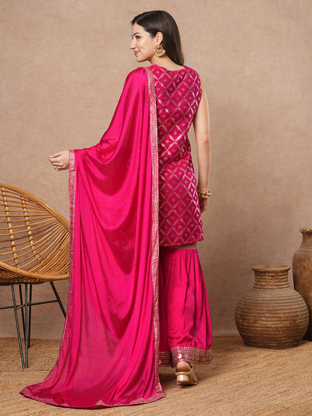 Ethnic Jacquard Embroidered Solid Straight Fit Kurta with Sharara and Dupatta - Pink