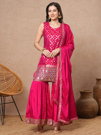 Ethnic Jacquard Embroidered Solid Straight Fit Kurta with Sharara and Dupatta - Pink