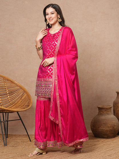 Ethnic Jacquard Embroidered Solid Straight Fit Kurta with Sharara and Dupatta - Pink