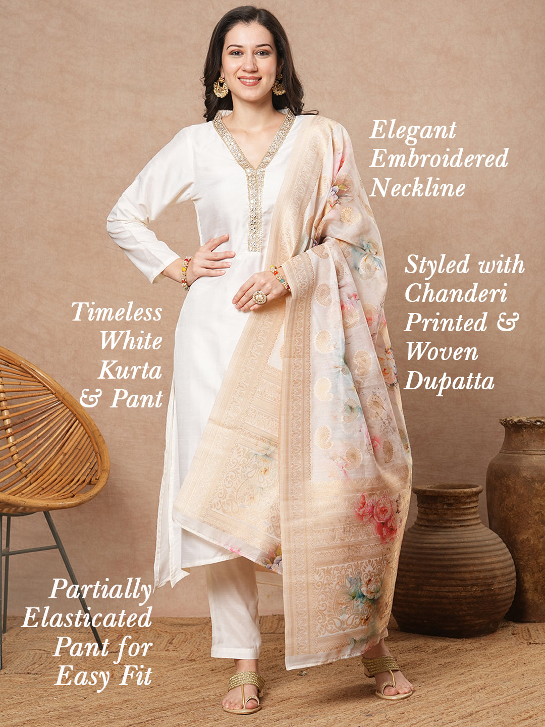 Solid Ethnic Embroidered A-Line Kurta with Pant & Floral Printed Dupatta - White