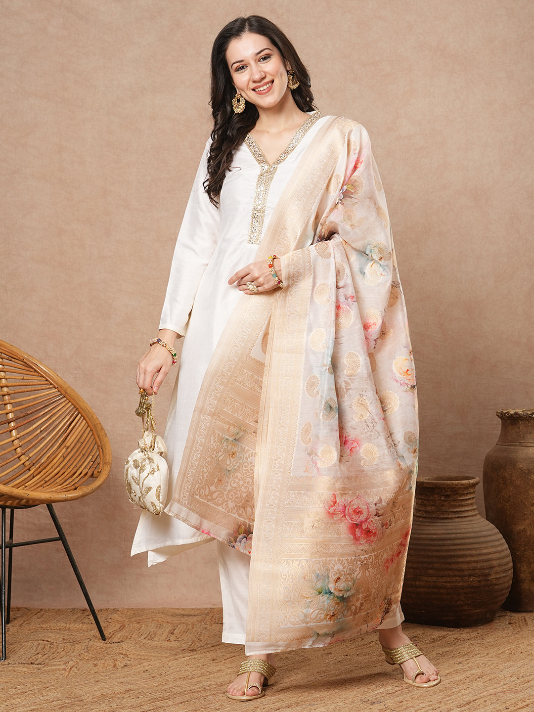 Solid Ethnic Embroidered A-Line Kurta with Pant & Floral Printed Dupatta - White