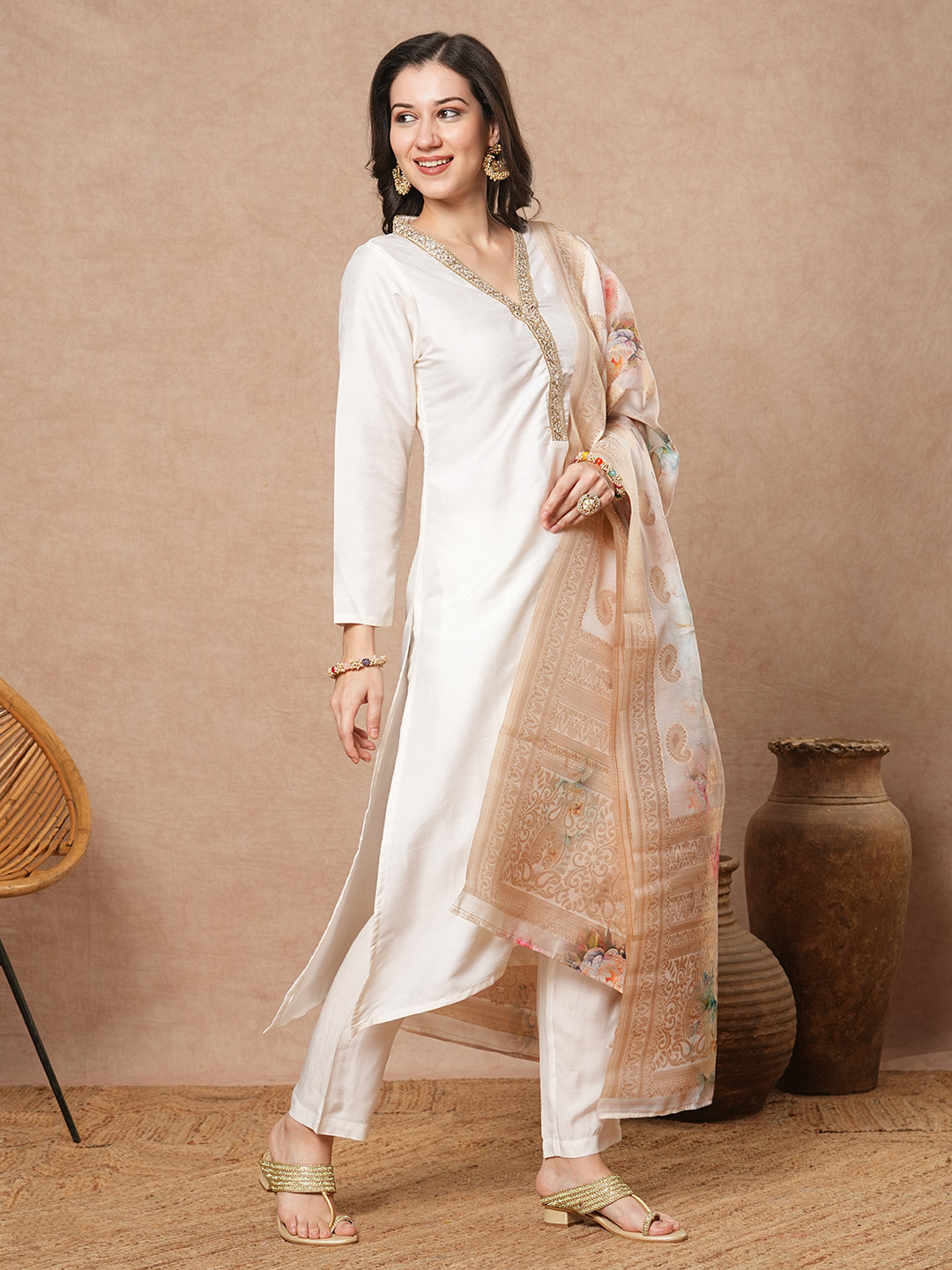 Solid Ethnic Embroidered A-Line Kurta with Pant & Floral Printed Dupatta - White