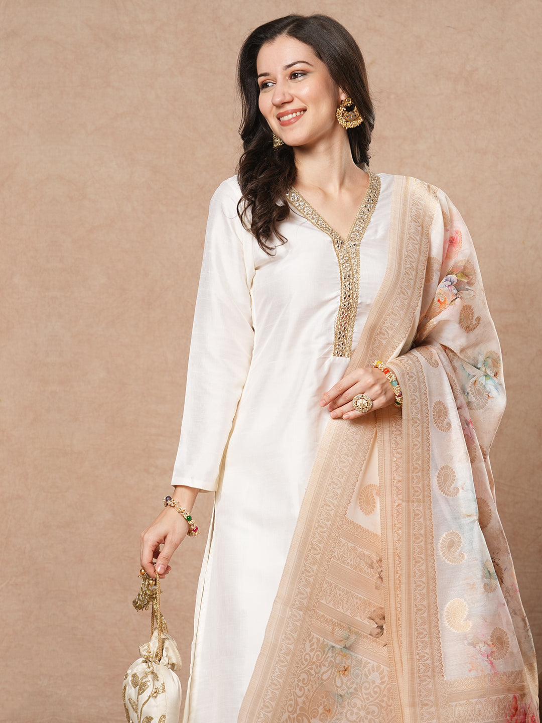 Solid Ethnic Embroidered A-Line Kurta with Pant & Floral Printed Dupatta - White