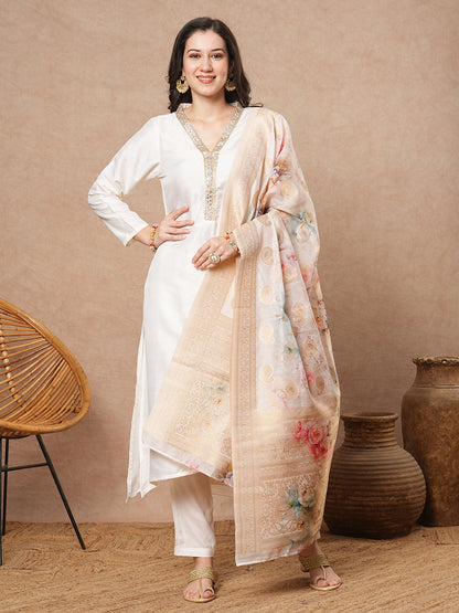 Solid Ethnic Embroidered A-Line Kurta with Pant & Floral Printed Dupatta - White