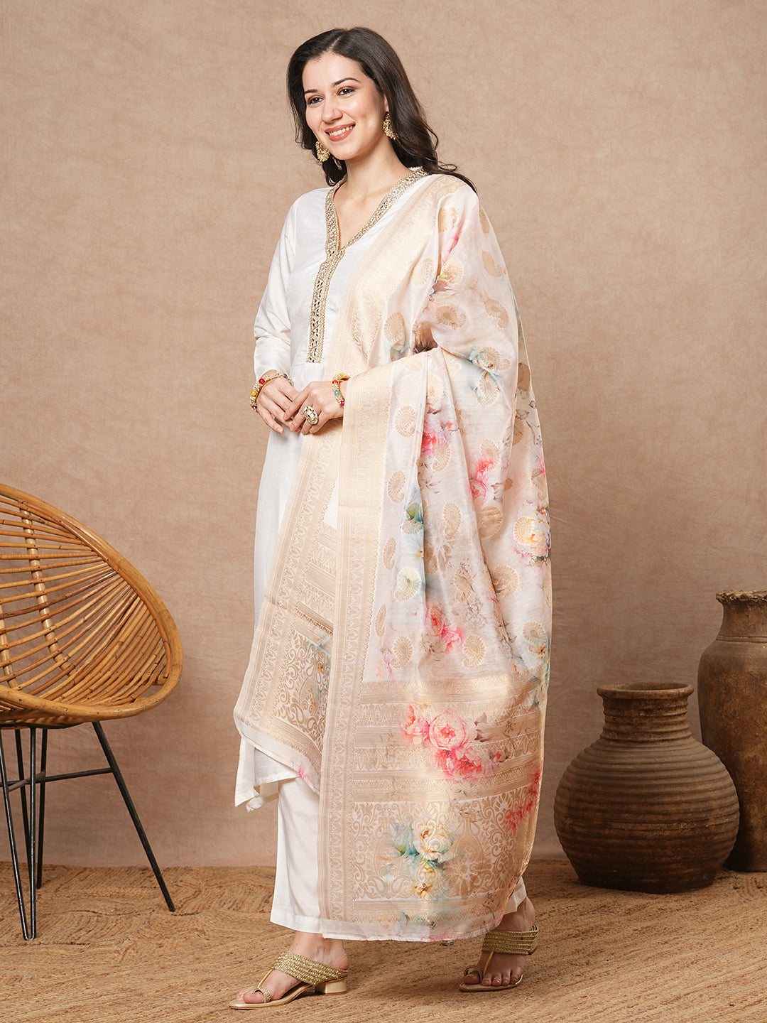 Solid Ethnic Embroidered A-Line Kurta with Pant & Floral Printed Dupatta - White