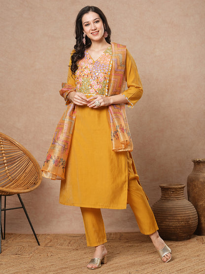 Solid Floral Hand Embroidered Straight Fit Kurta with Pant and Printed Dupatta - Yellow