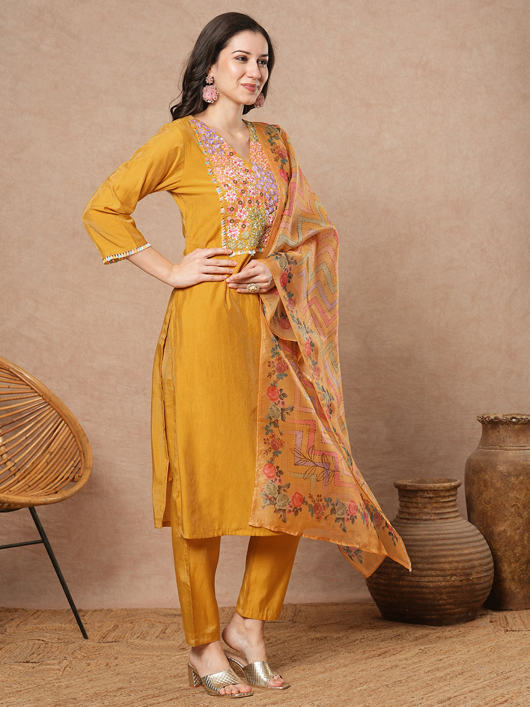 Solid Floral Hand Embroidered Straight Fit Kurta with Pant and Printed Dupatta - Yellow