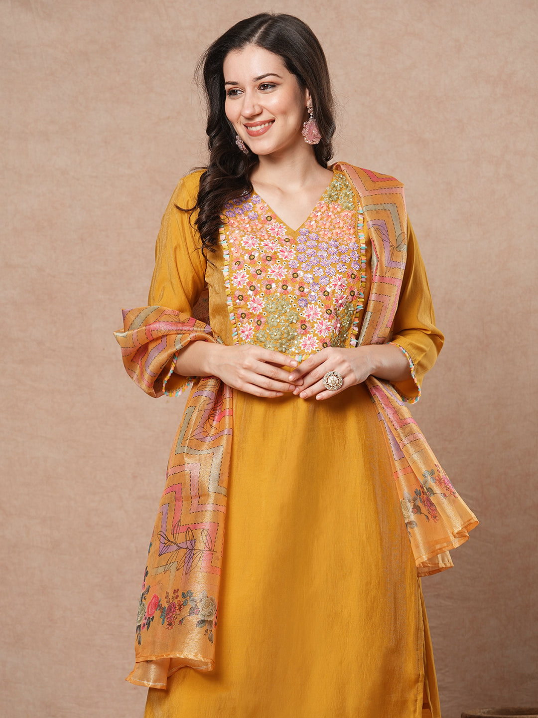 Solid Floral Hand Embroidered Straight Fit Kurta with Pant and Printed Dupatta - Yellow