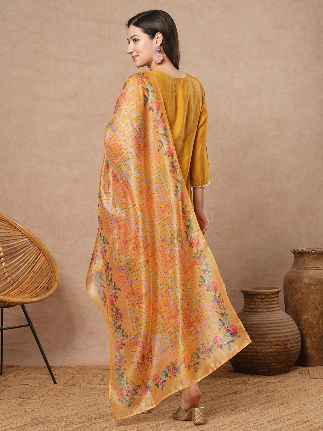 Solid Floral Hand Embroidered Straight Fit Kurta with Pant and Printed Dupatta - Yellow