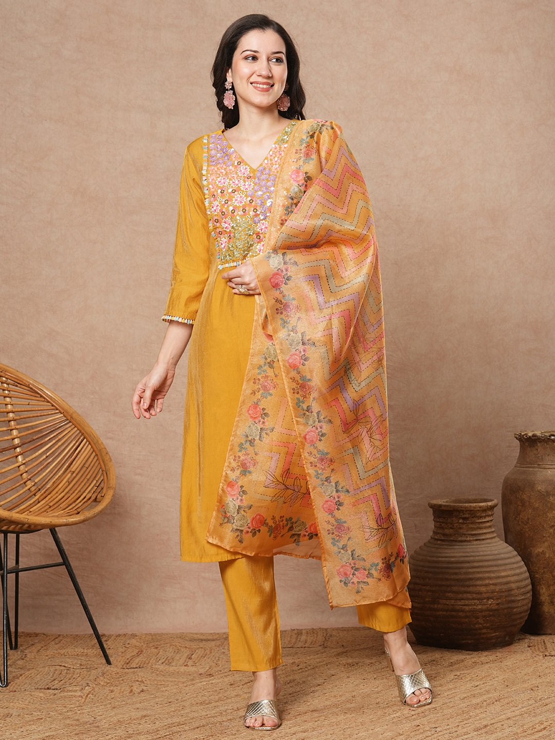 Solid Floral Hand Embroidered Straight Fit Kurta with Pant and Printed Dupatta - Yellow