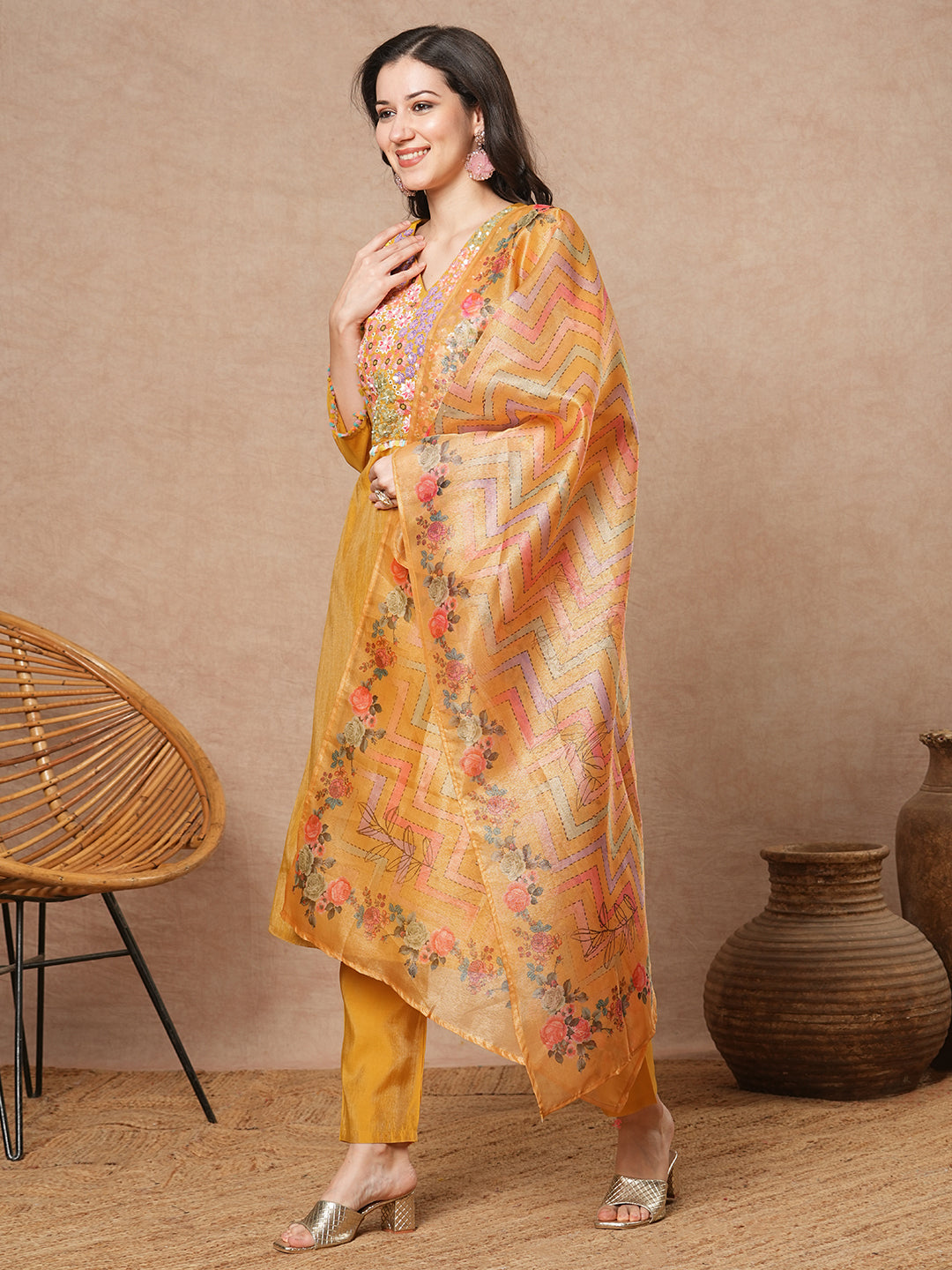 Solid Floral Hand Embroidered Straight Fit Kurta with Pant and Printed Dupatta - Yellow