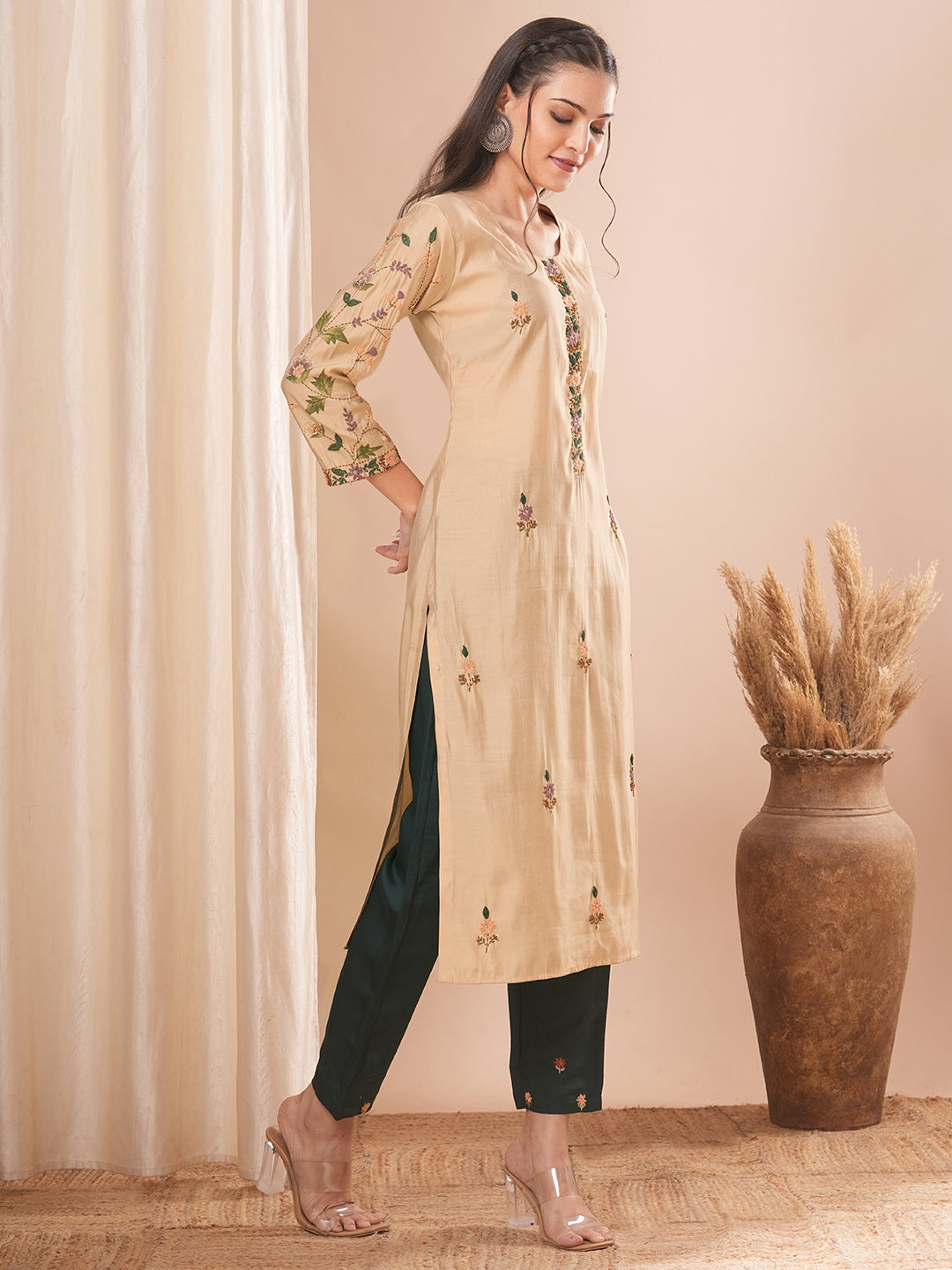 Solid Floral Hand Embroidered Straight Fit Kurta - Beige