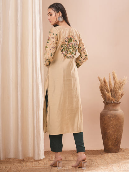 Solid Floral Hand Embroidered Straight Fit Kurta - Beige