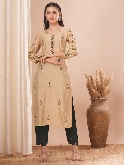 Solid Floral Hand Embroidered Straight Fit Kurta - Beige