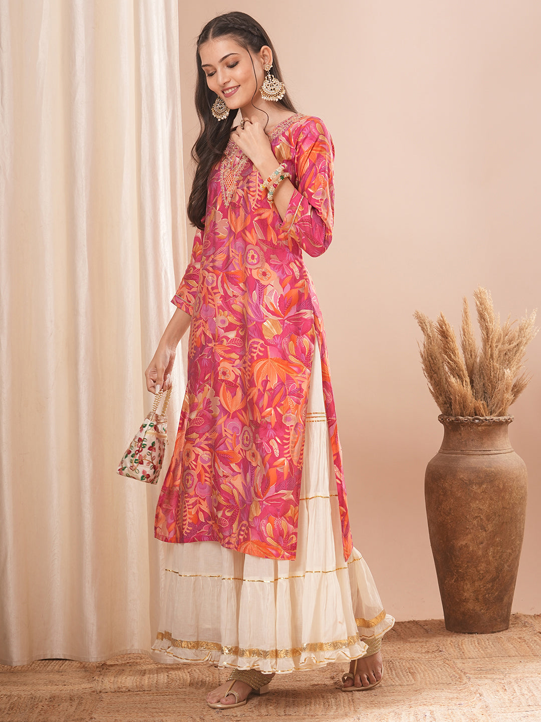 Abstract Floral Printed & Embroidered Straight Fit Kurta - Pink