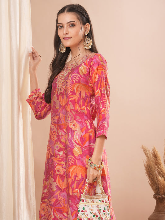 Abstract Floral Printed & Embroidered Straight Fit Kurta - Pink